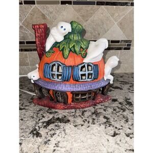 Vtg Handpainted Ceramic Pumpkin Ghosts Haunted House Night Light 1980's Works